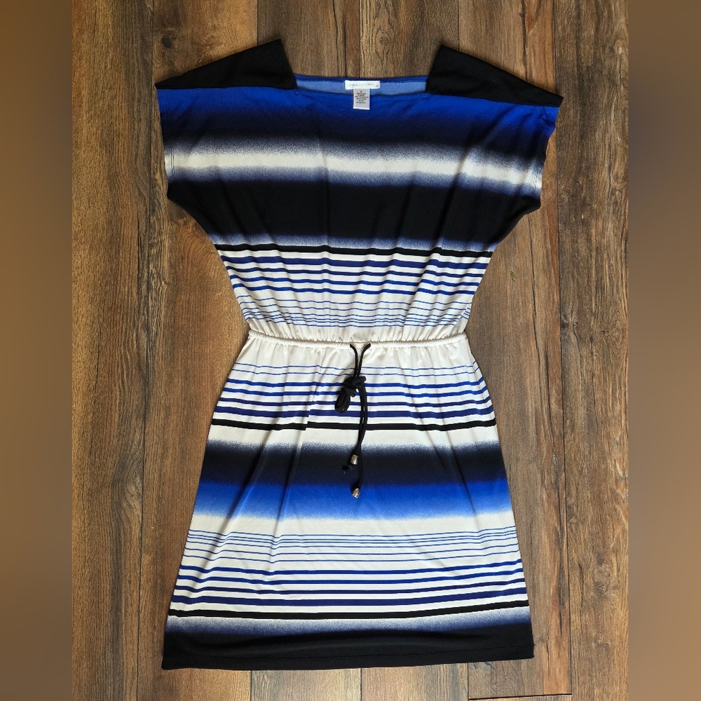 London Times Box Collar Drawstring Waist Striped Dress.